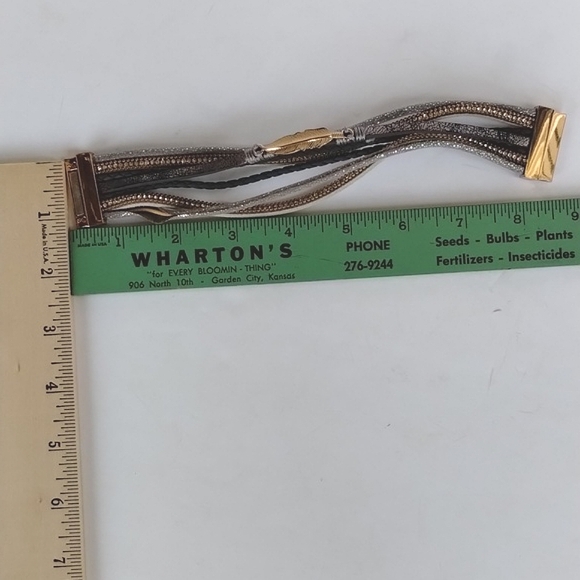 NEW Rhinestone Silver + Gray + Gold Leaf Multi Strand Extended Size LXL Bracelet - Picture 6 of 9